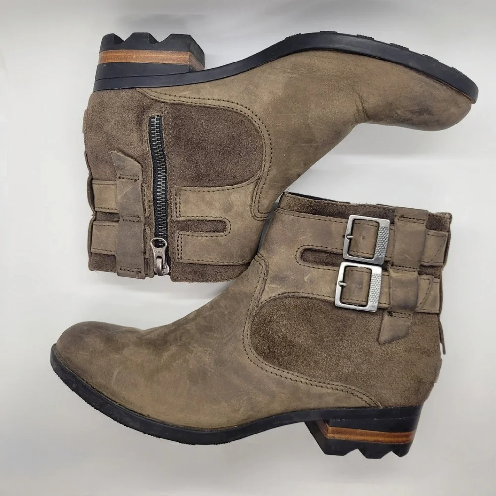 Sorel Phoenix Moto Ankle Boots Quarry Grey Leather Suede Buckle NL3080-245 7.5